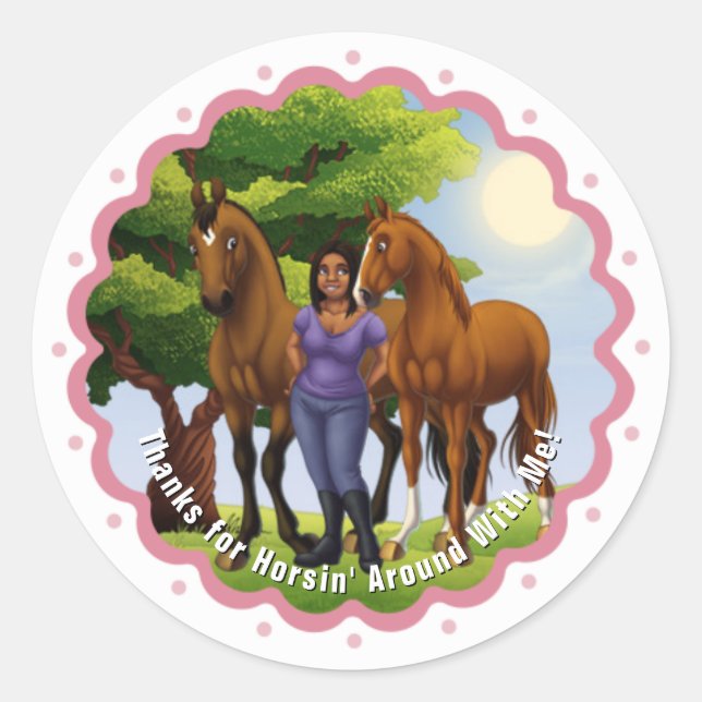 Sticker Rond Fille avec deux chevaux dans le pâturage (Devant)