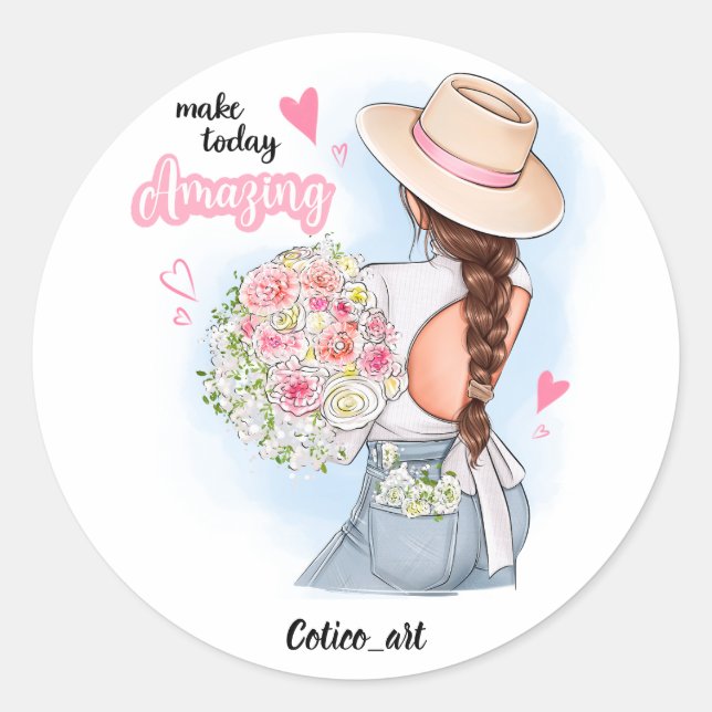 Sticker Rond Fille avec fleurs, numérique (Devant)