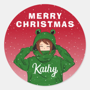 Sticker Rond Fille avec grenouille verte Hoody Dessin Noël