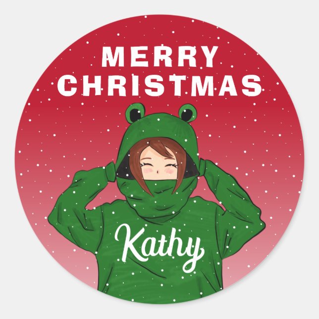 Sticker Rond Fille avec grenouille verte Hoody Dessin Noël (Devant)