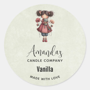 Sticker Rond Fille avec une poupée grenouille bougie mignonne e