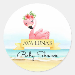 Sticker Rond Fille Baby Shower Flamant Rose