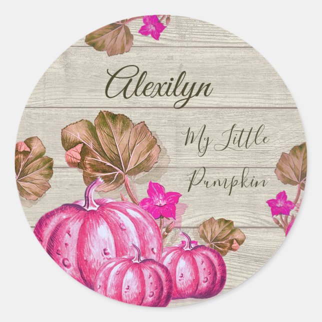 Sticker Rond Fille Baby shower Gris Bois Automne rose Citrouill (Devant)