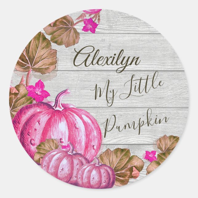 Sticker Rond Fille Baby shower Gris Bois Automne rose Citrouill (Devant)