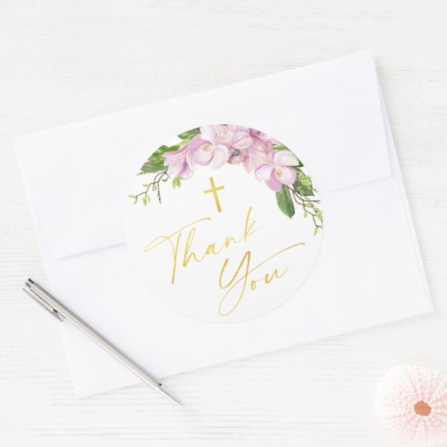 Sticker Rond Fille Baptême Blush Fleurs Roses Brut Merci (Enveloppe)