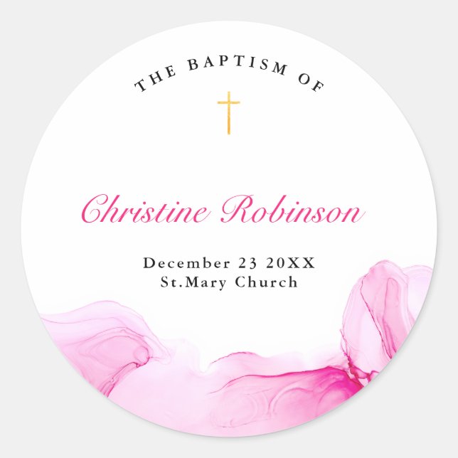 Sticker Rond Fille Baptême Christening Encre Rose (Devant)