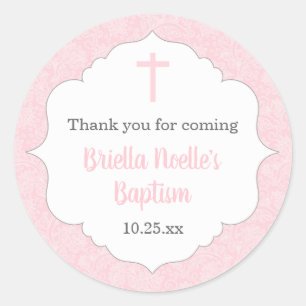 Sticker Rond Fille baptême faveur idée classique damassé rose