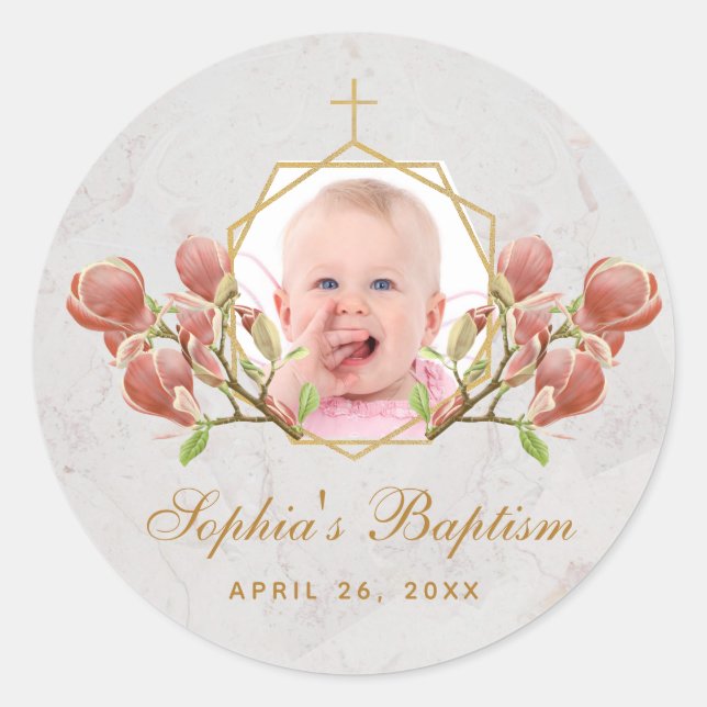 Sticker Rond Fille Baptême Photo rose Magnolia Floral Géométriq (Devant)