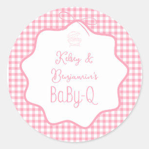 Sticker Rond Fille Barbecue Gingham Rose Baby-Q Fête Prénatale