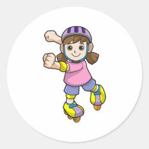 Sticker Rond Fille comme patineur avec patins et casque