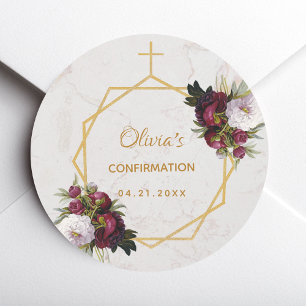 Sticker Rond Fille Confirmation Bourgogne Red Peonies Marble Go