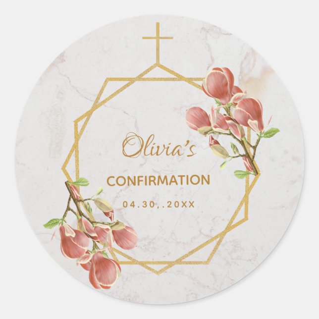 Sticker Rond Fille Confirmation Magnolia rose Croix d'or Marbre (Devant)