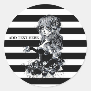 Sticker Rond Fille Crâne Sucre Jolie Rayée Noir et Blanc