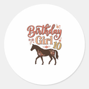 Sticker Rond Fille d'anniversaire 10 Cheval Floral Design Vecto