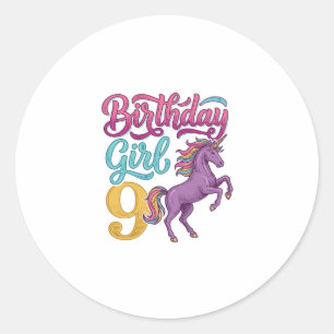 Sticker Rond Fille d'anniversaire 9 Licorne Dessin de gravure v