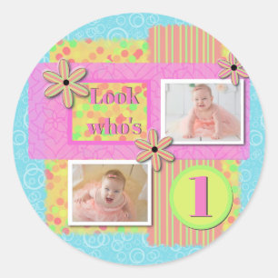 Sticker Rond Fille de 1 an Anniversaire Rose & Jaune Scrapbooki