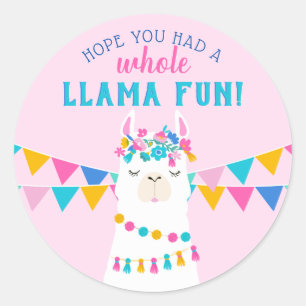 Sticker Rond Fille de fête d'anniversaire rose amusante lama en