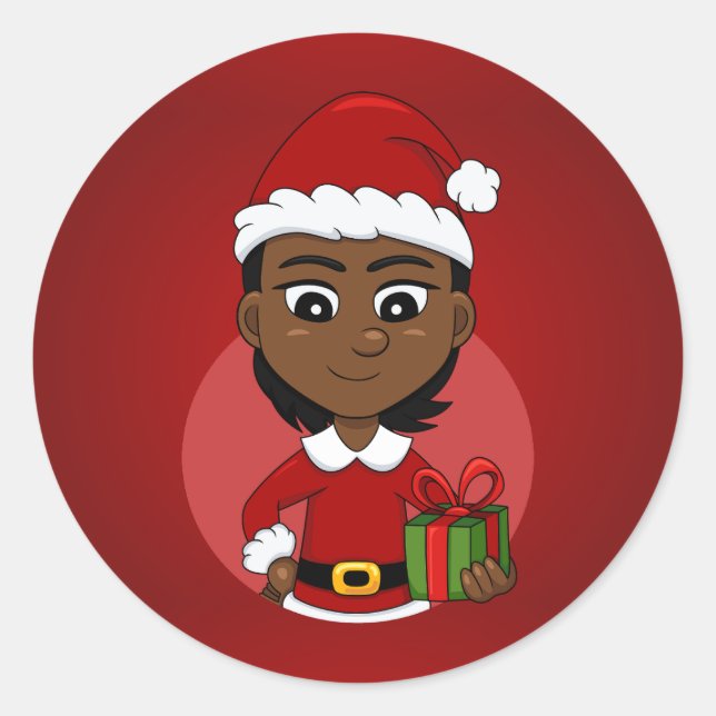 Sticker Rond Fille de Noël afro-américaine aux cheveux courts (Devant)