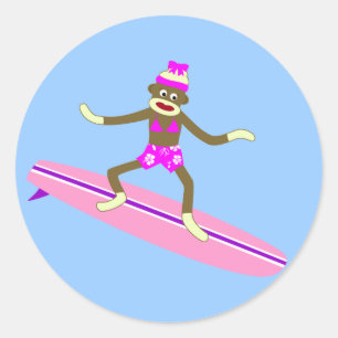 Sticker Rond Fille de surfer de singe de chaussette