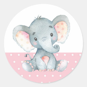 Sticker Rond Fille Eléphant Baby shower rose