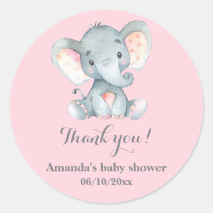 Sticker Rond Fille Eléphant Baby shower rose Merci Favor