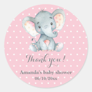 Sticker Rond Fille Eléphant Baby shower rose Merci Favor