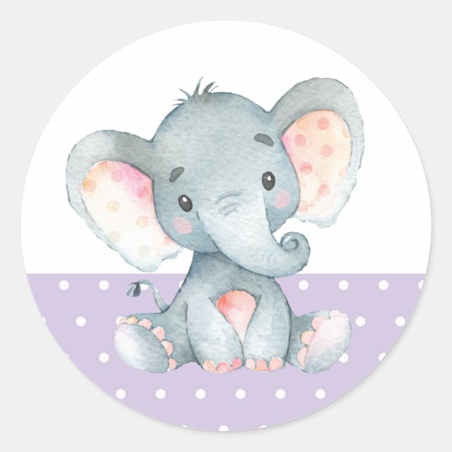 Sticker Rond Fille Éléphant Baby Shower Violet (Devant)