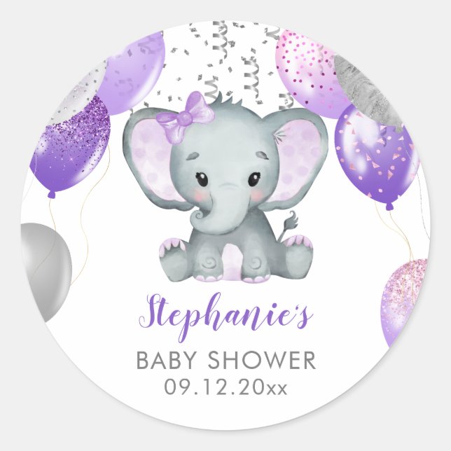 Sticker Rond Fille éléphant mignonne Ballons Baby Shower (Devant)