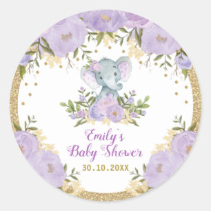 Sticker Rond Fille Eléphant Purple Baby shower de fleurs or