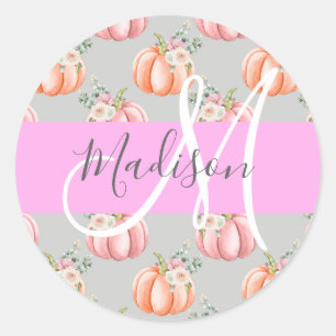 Sticker Rond Fille Floral Gris rose Pêche Citrouille Nom