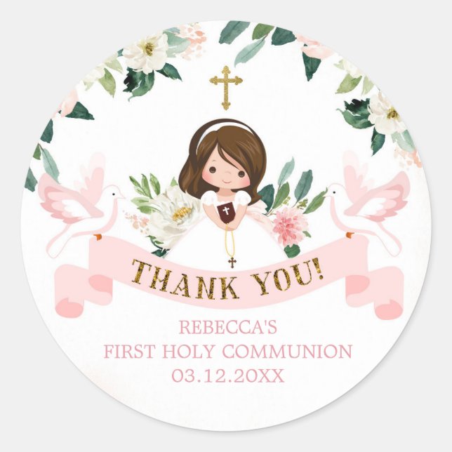 Sticker Rond Fille Floral rose première communion (Devant)