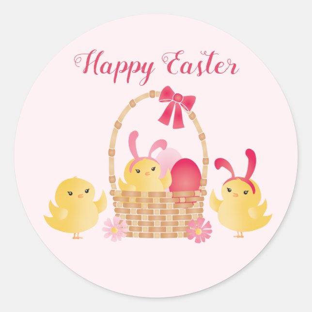 Sticker Rond Fille Joyeux Poussins de Pâques rose (Devant)