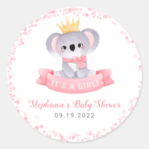 Sticker Rond Fille Koala Ours Baby shower rose Enveloppe