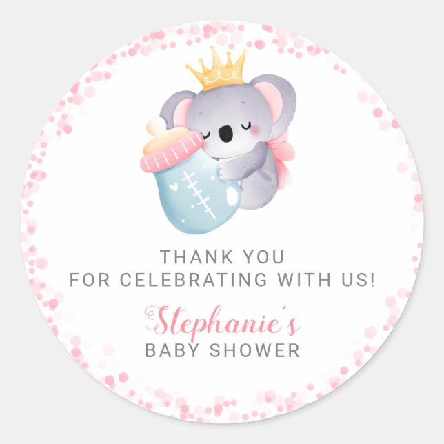 Sticker Rond Fille Koala Ours Baby shower rose Favoriser (Devant)