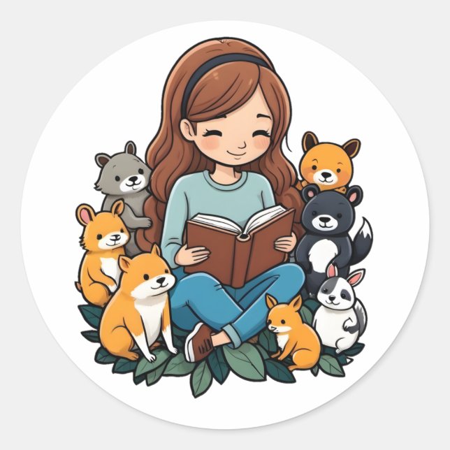 Sticker Rond Fille lisant un livre (Devant)