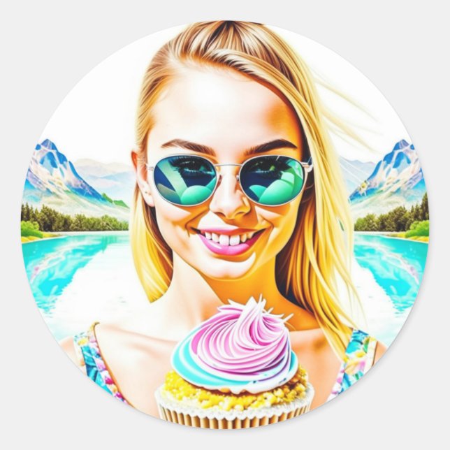Sticker Rond Fille mignonne avec lunettes de soleil tenant Cupc (Devant)