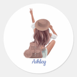 Sticker Rond Fille mignonne avec sac à dos Voyage personnalisé