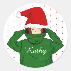 Sticker Rond Fille mignonne avec Sweat - shirt à capuche vert N