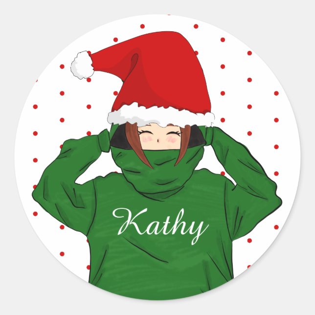 Sticker Rond Fille mignonne avec Sweat - shirt à capuche vert N (Devant)