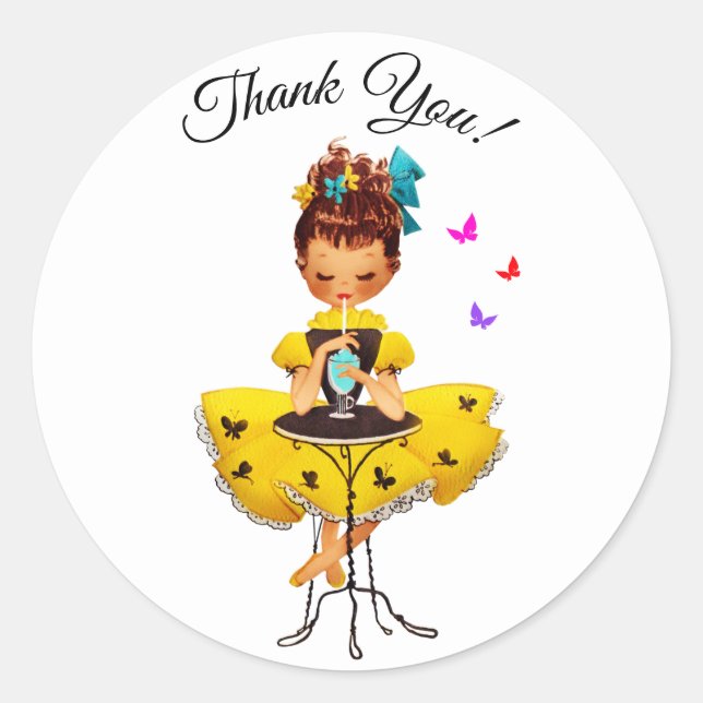 Sticker Rond Fille Mignonne En Merci Robe Jaune (Devant)