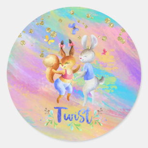 Sticker Rond Fille mignonne rose violet Bleu Forêt Animation