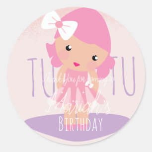 Sticker Rond Fille Minimal Tutu Anniversaire Cartoon Rose Paill