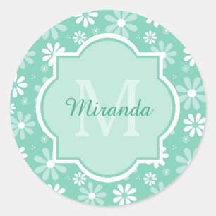 Sticker Rond Fille Monogramme Monnaie Blanc Fleurs de marguerit