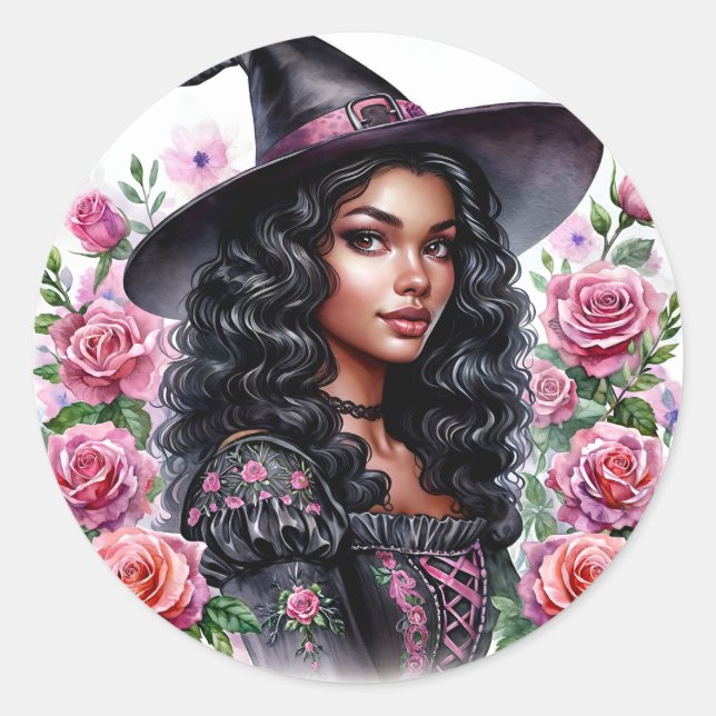 Sticker Rond Fille noire Bubblegum sorcière rose-o-ween (Devant)