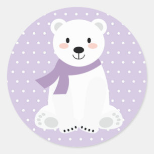 Sticker Rond Fille Ours Polaire Baby Shower Violet