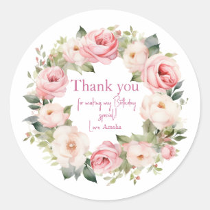 Sticker Rond Fille ourson bohème Ours rose Fleurs Anniversaire 