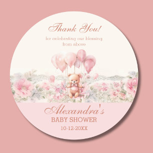 Sticker Rond Fille Ourson Rose Baptême Chrétien Merci