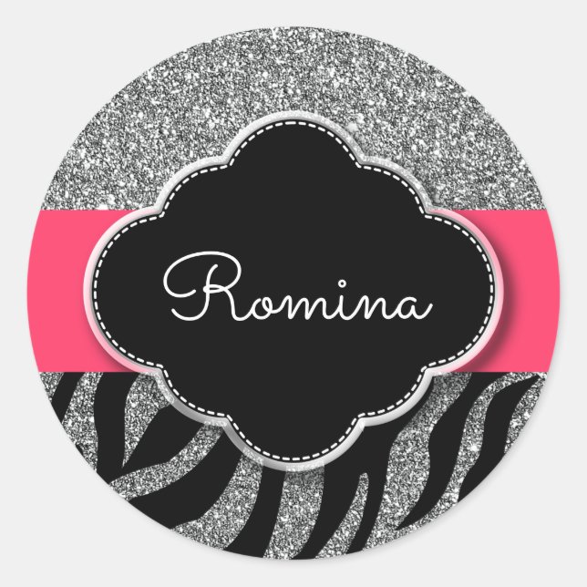 Sticker Rond Fille Parties scintillant rose zèbre modèle Nom pe (Devant)