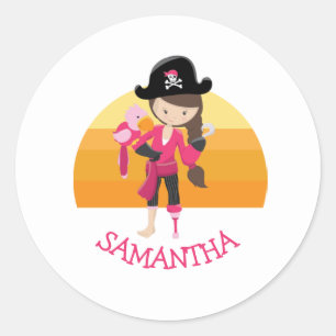 Sticker Rond Fille Perroquet rose Fête Pirate