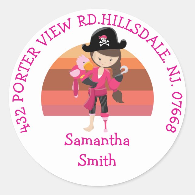Sticker Rond Fille perroquet rose Pirate Party ADRESSE Classic  (Devant)